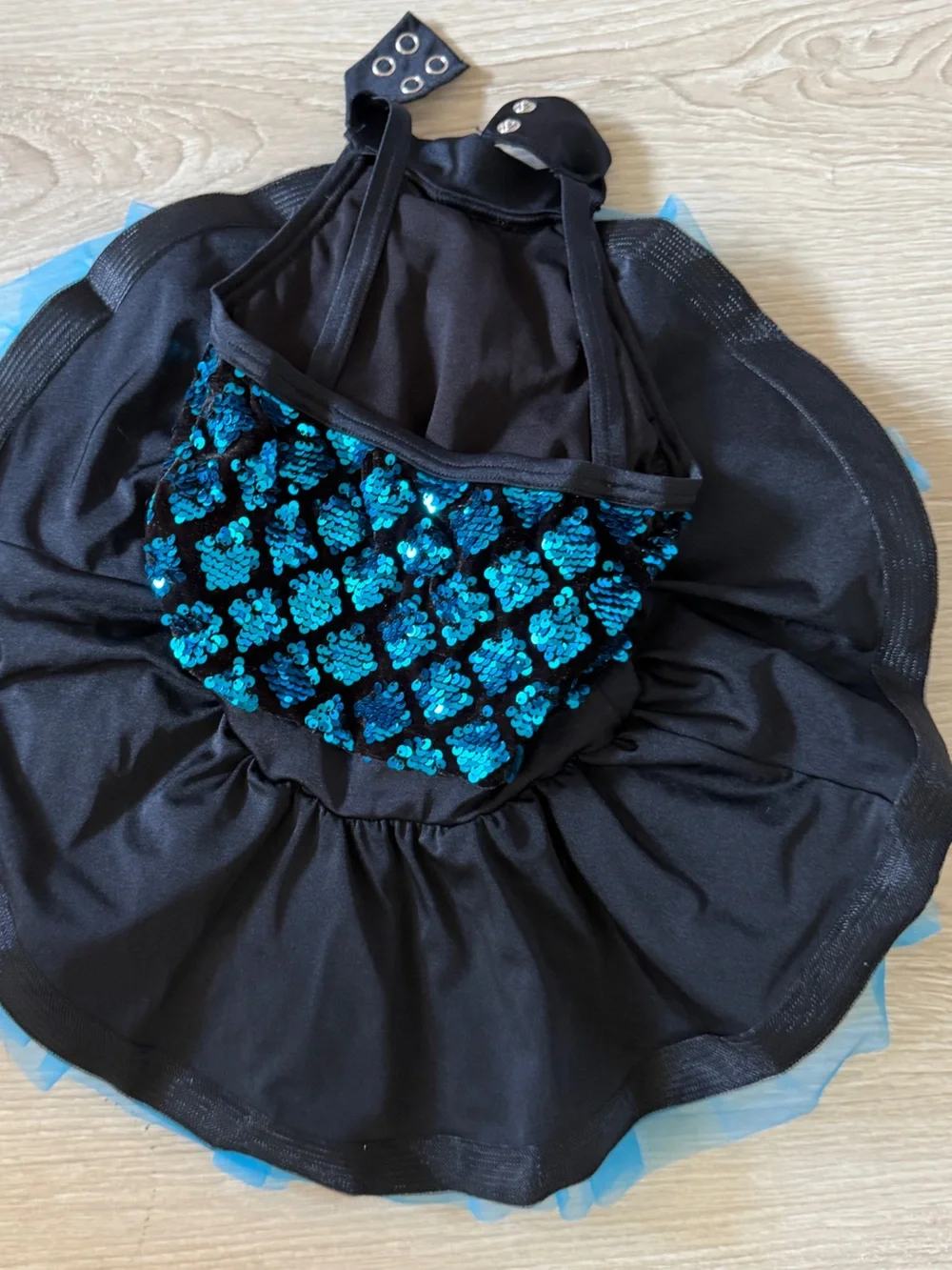 Weissman Black and Teal Sequin Dance Costume with Blue Tulle Skirt